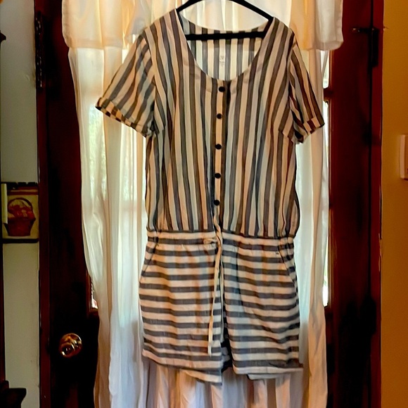 LOFT blue white ROMPER striped 4 pockets Drawstring waist COTTON 14 - Picture 1 of 6